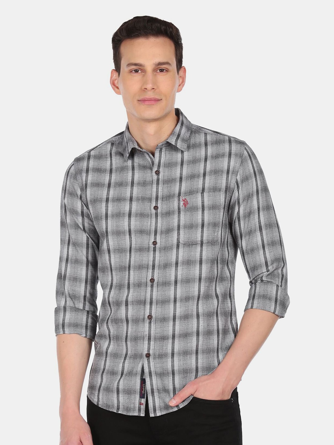 

U S Polo Assn Denim Co Men Grey Tartan Checked Cotton Casual Shirt