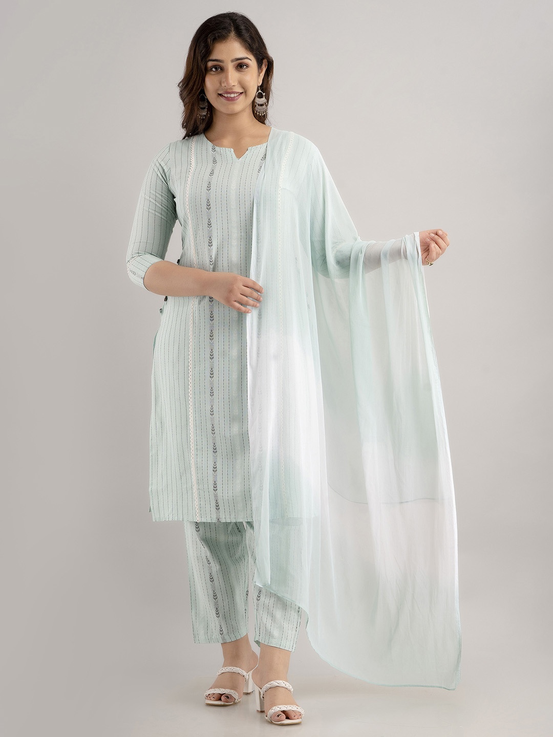 

Charu Women Sea Green Striped Kurta with Trousers & With Dupatta