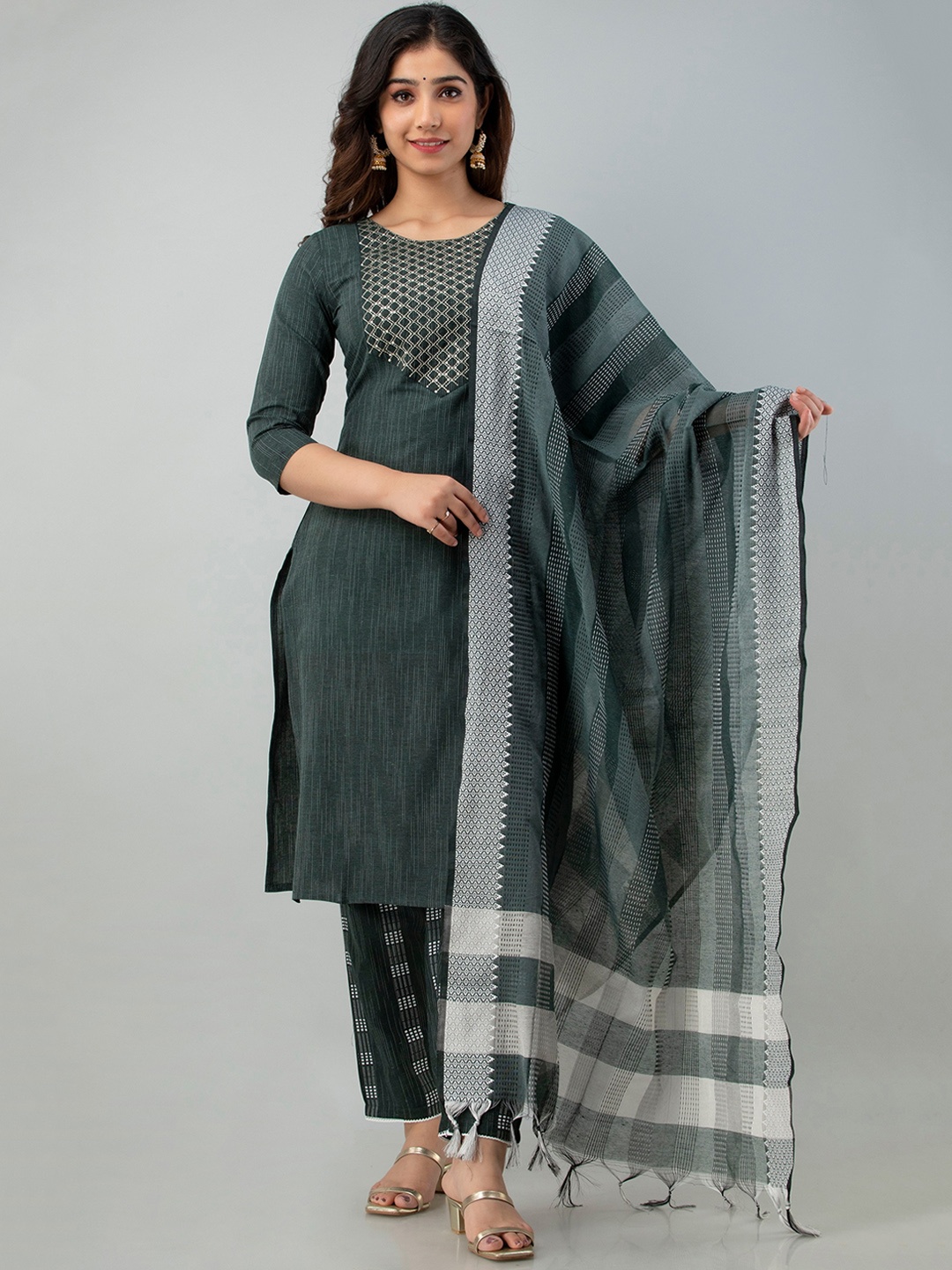 

Charu Women Green Pleated Kurta with Trousers & With Dupatta