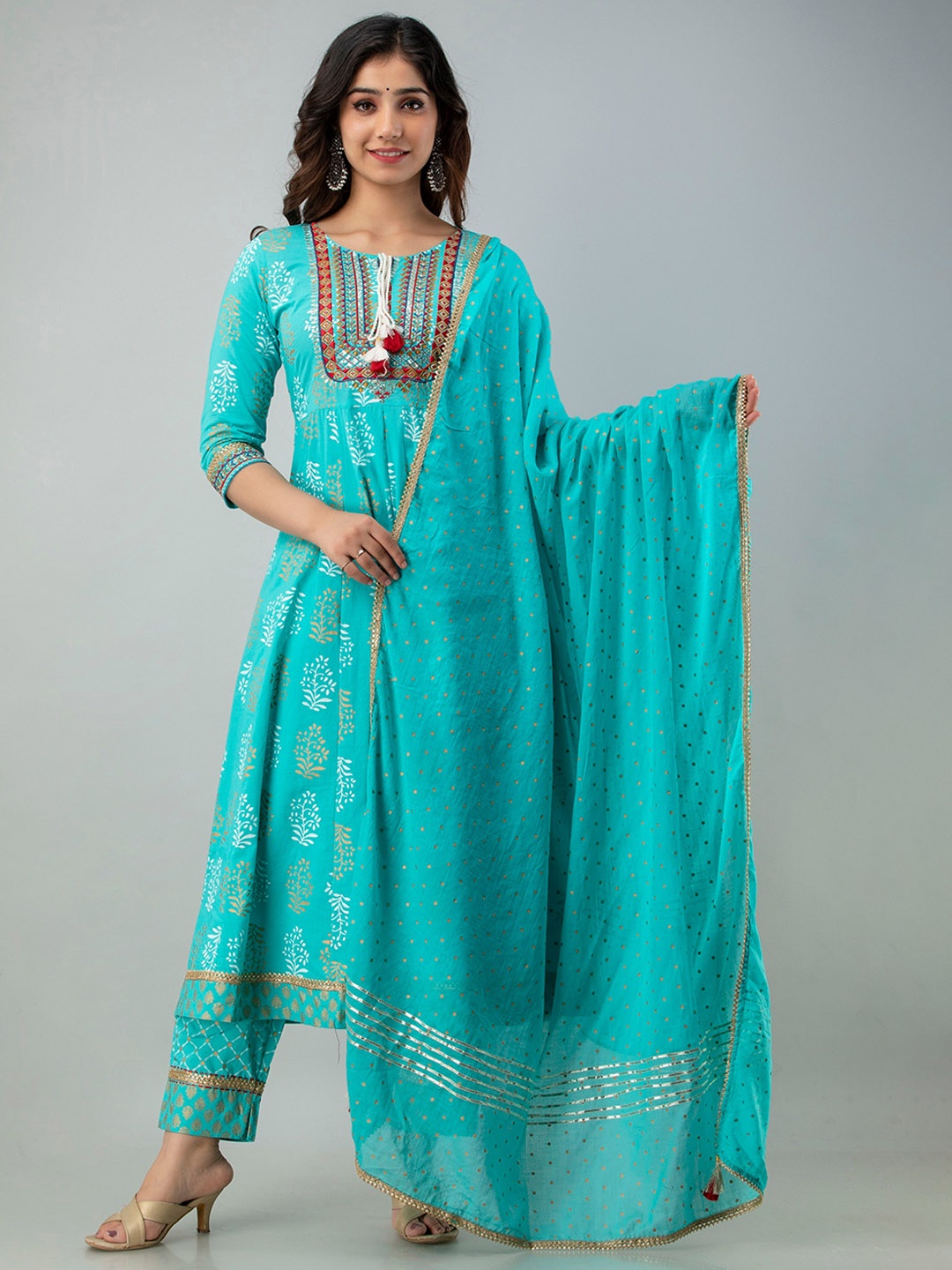 

Charu Women Turquoise Blue Ethnic Motifs Printed Pure Cotton Kurta with Trousers & With Dupatta