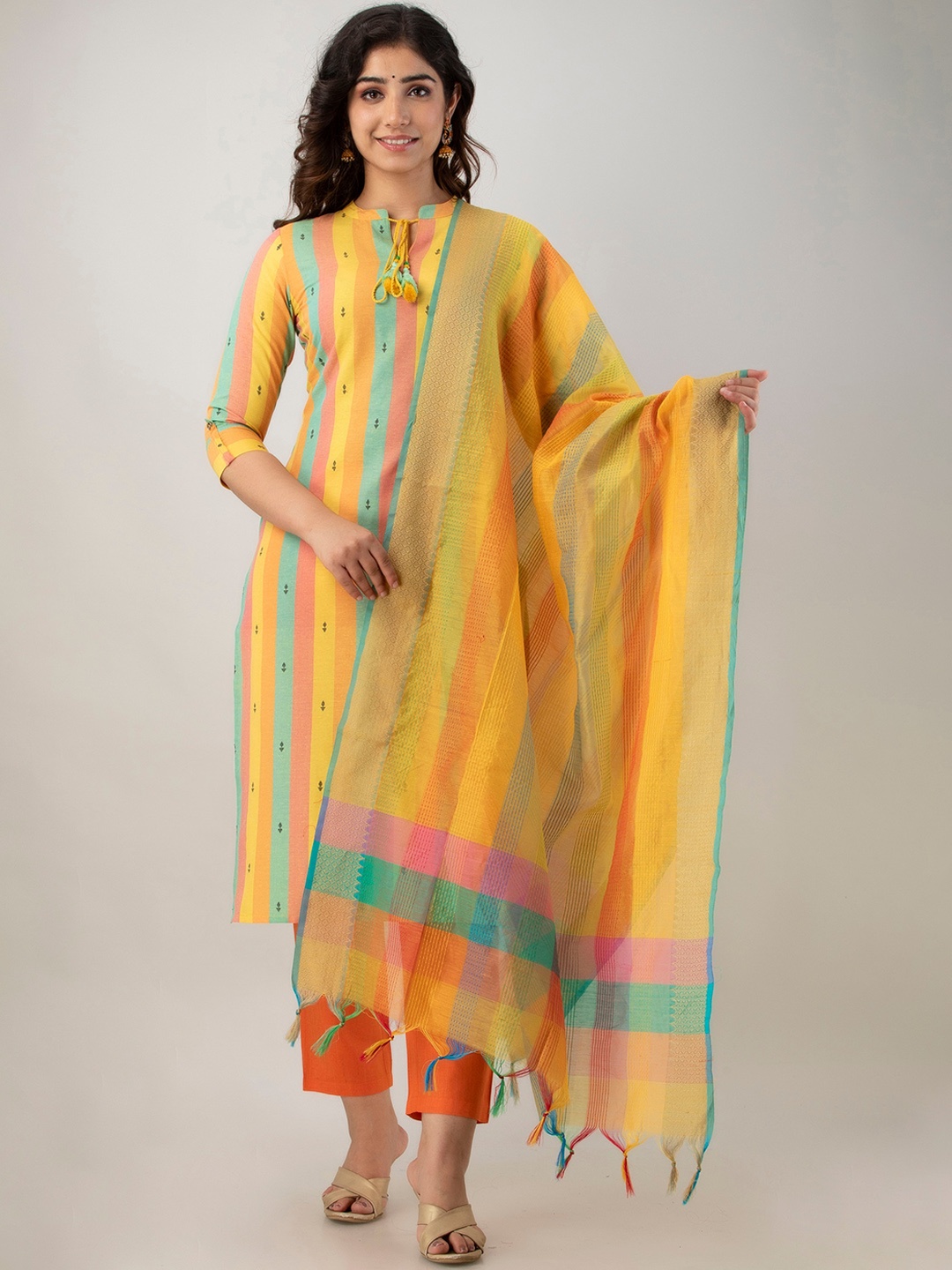 

Charu Women Yellow Striped Kurta with Trouser With Dupatta