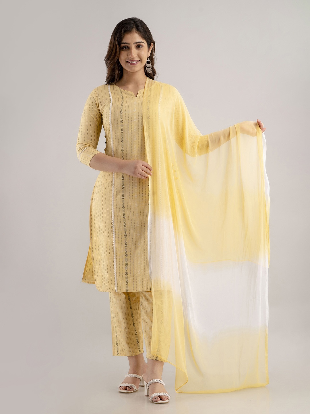 

Charu Women Yellow Striped Kurta with Trouser & With Dupatta