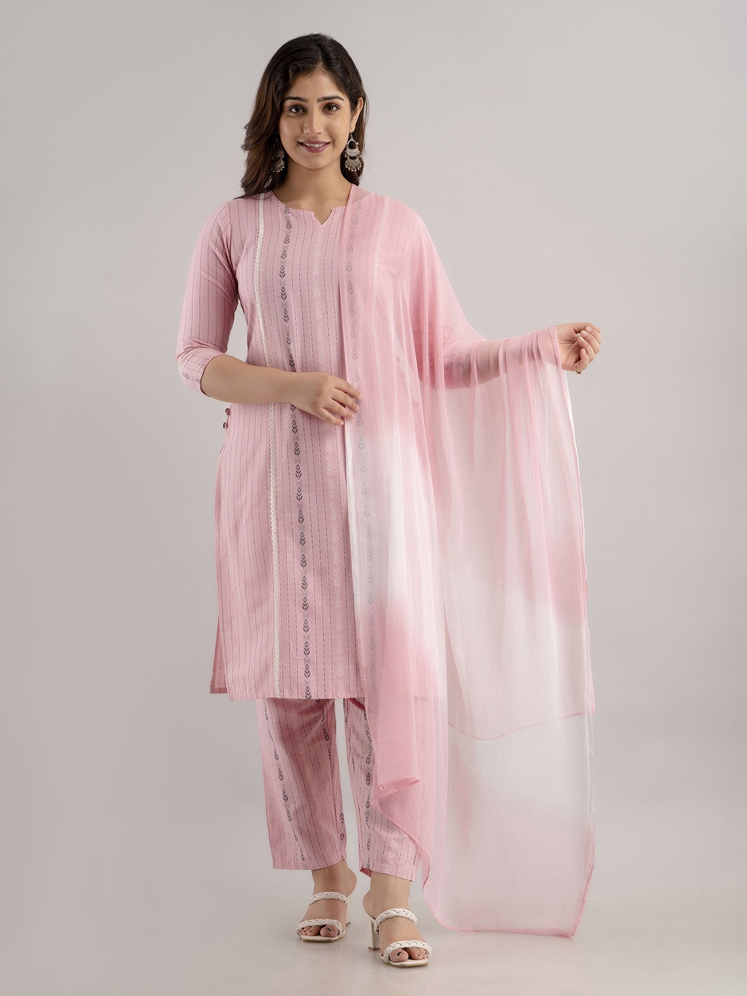 

Charu Women Pink Striped Kurta with Trouser & With Dupatta