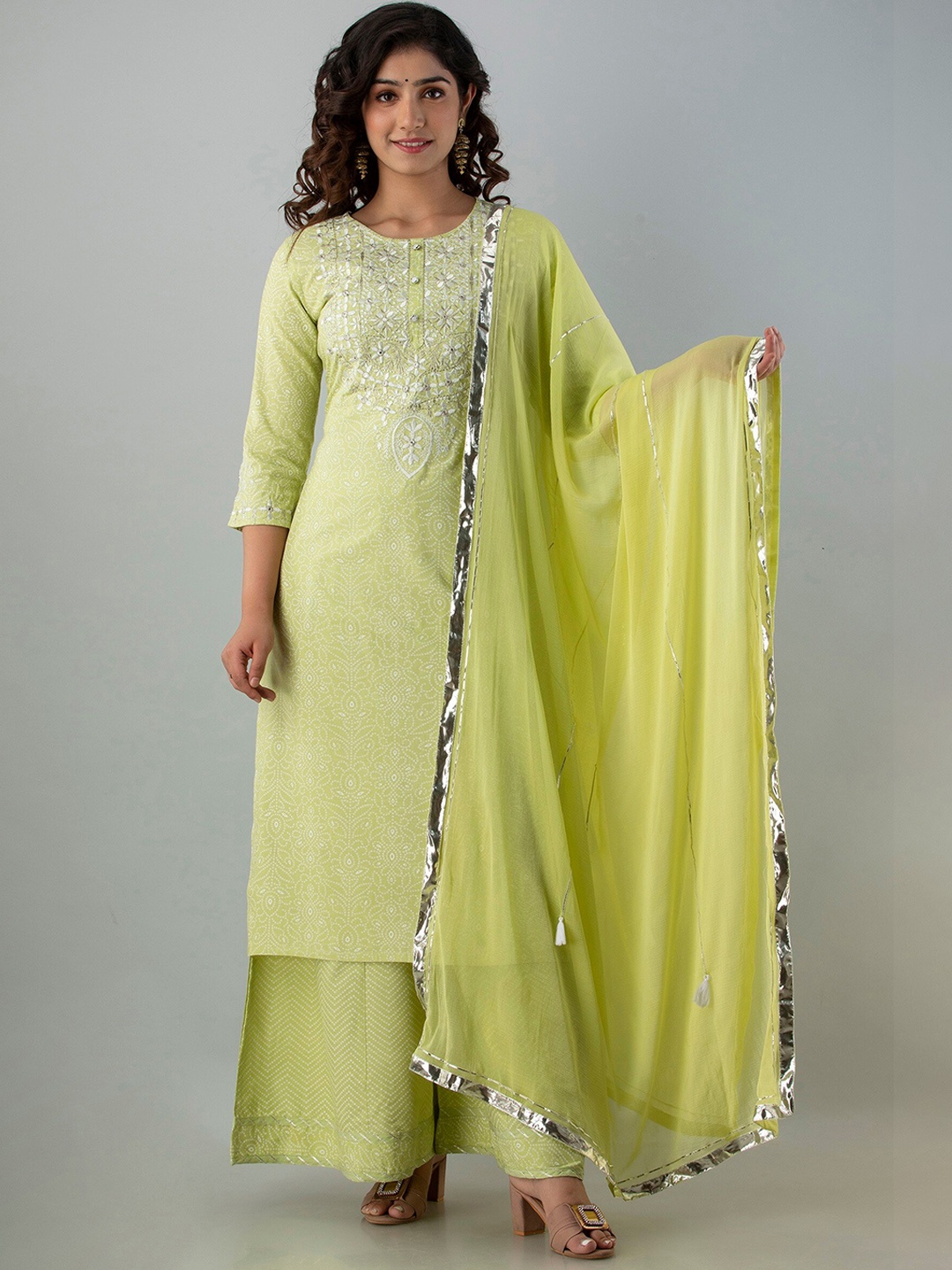 

Charu Women Lime Green Embroidered Kurta with Palazzos & With Dupatta