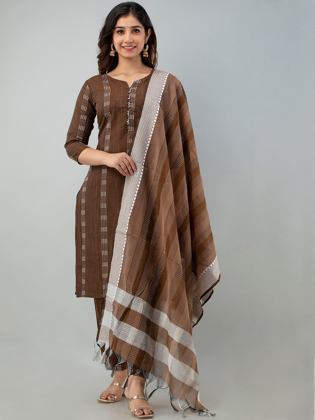 

Charu Women Brown Embroidered Kurta with Trousers & With Dupatta
