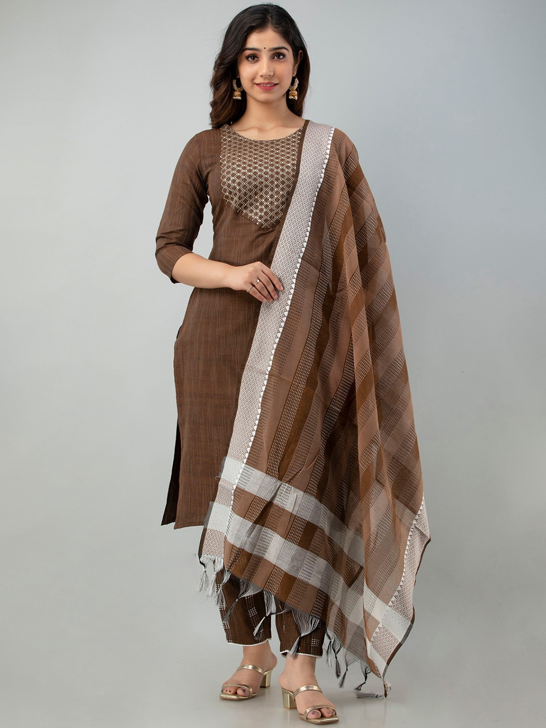 

Charu Women Brown Thread Work Kurta with Trousers & With Dupatta