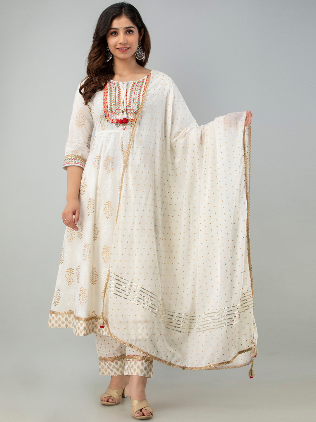 

Charu Women Off White Ethnic Motifs Printed Pure Cotton Kurta with Trousers & With Dupatta