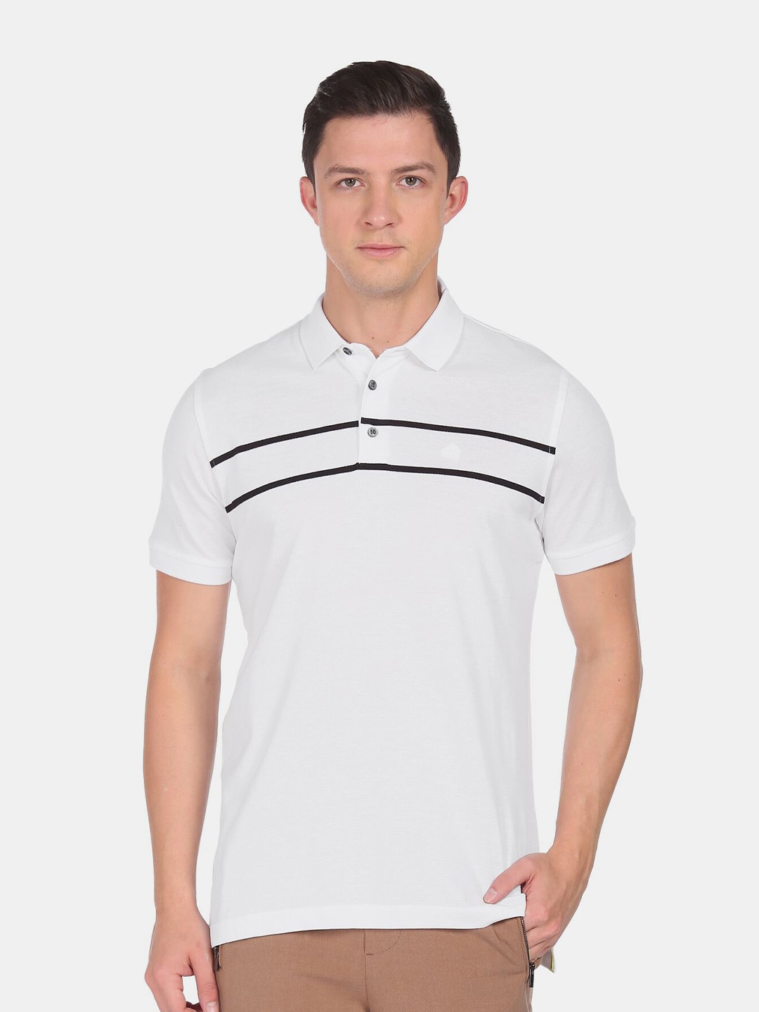 

Arrow Men White Striped Polo Collar Cotton T-shirt