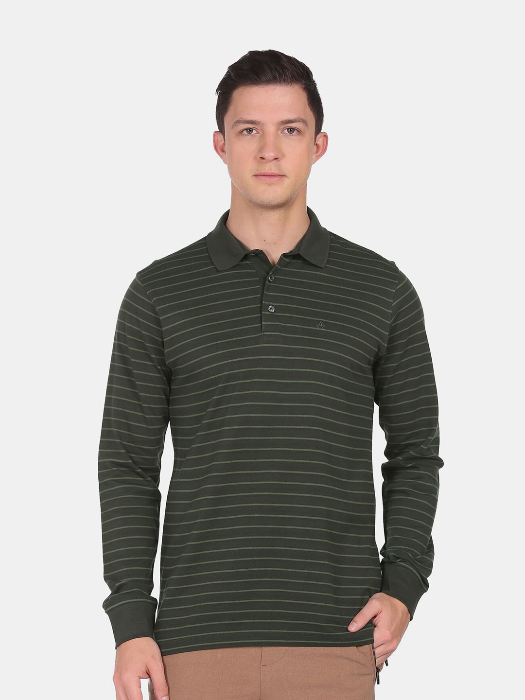 

Arrow Men Olive Green Striped Polo Collar Cotton T-shirt