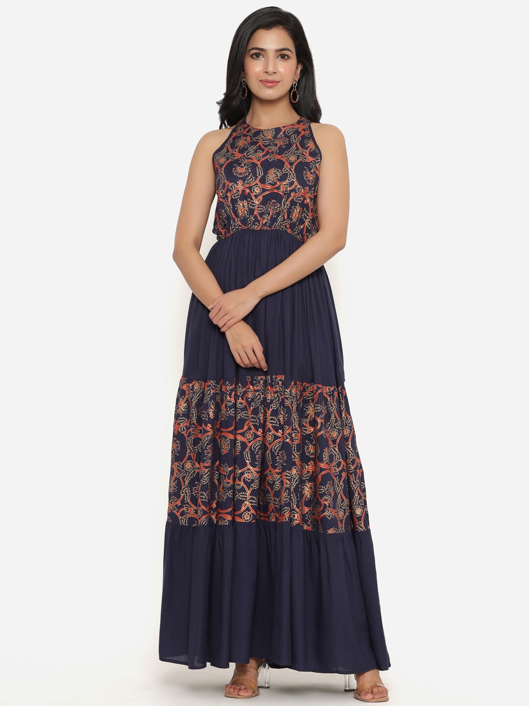 

PURSHOTTAM WALA Blue Ethnic Motifs Round Neck Ethnic Maxi Dress