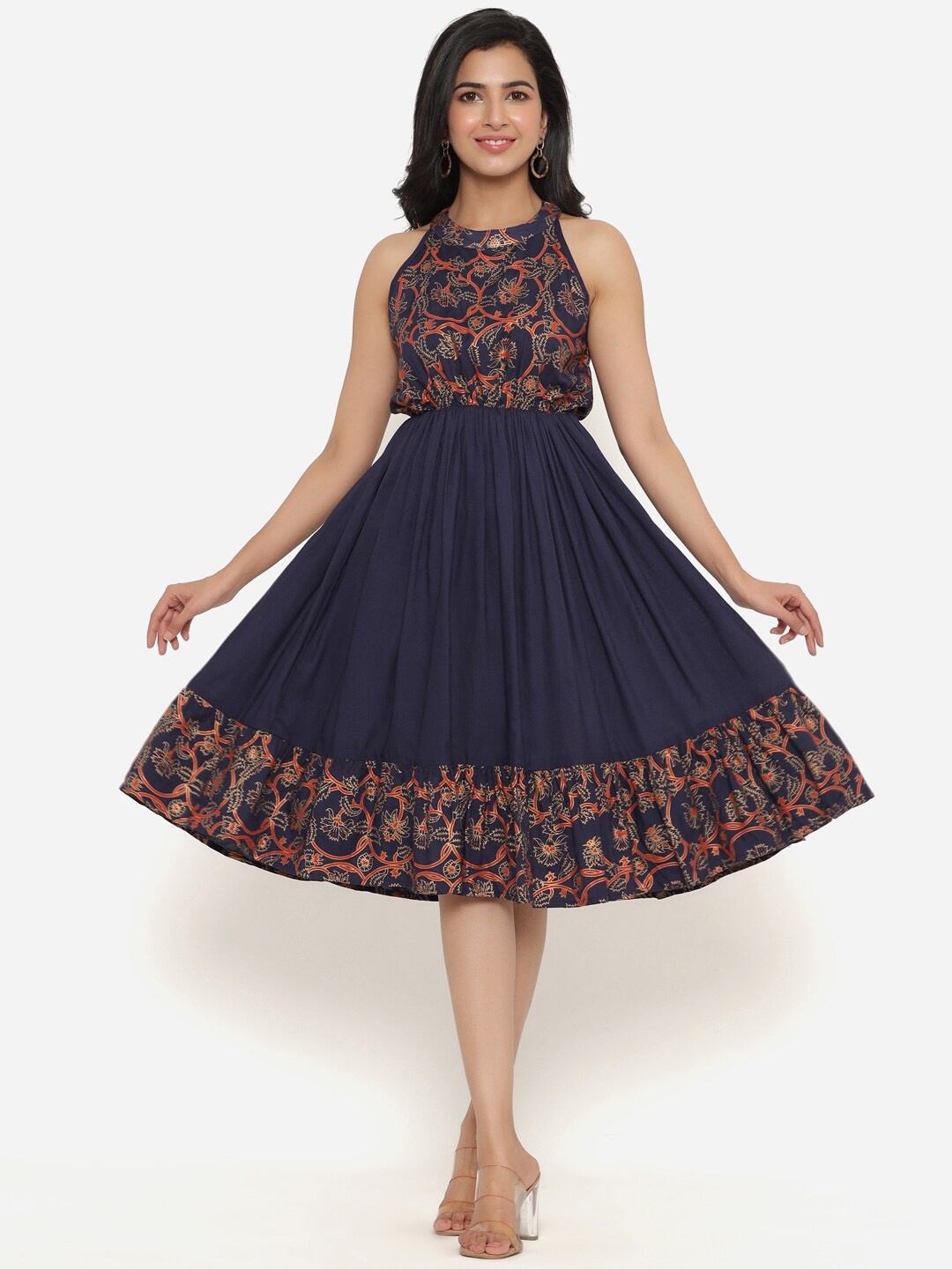 

PURSHOTTAM WALA Women Blue Empire Print Midi Dress