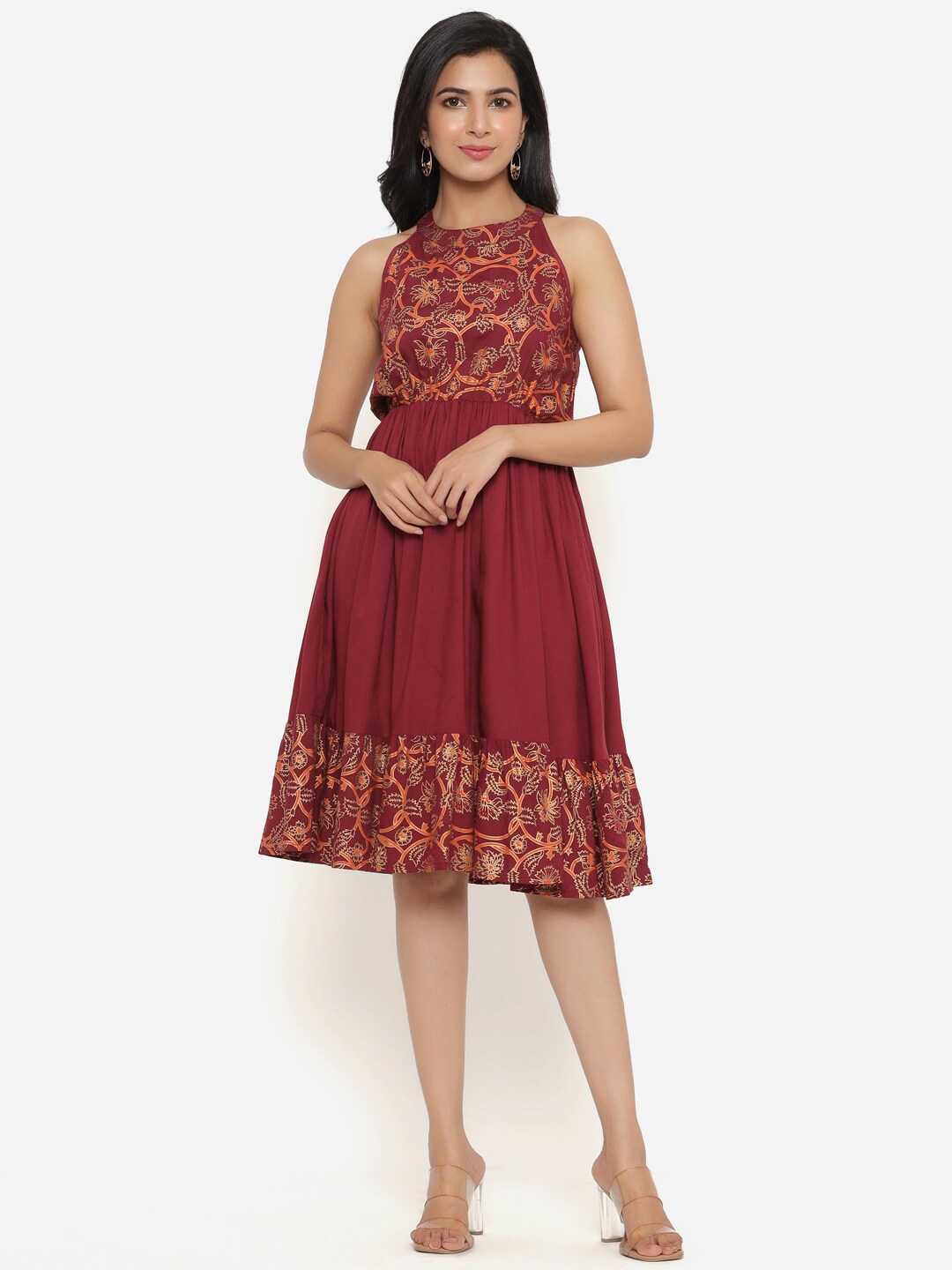 

PURSHOTTAM WALA Maroon Floral Halter Neck Dress