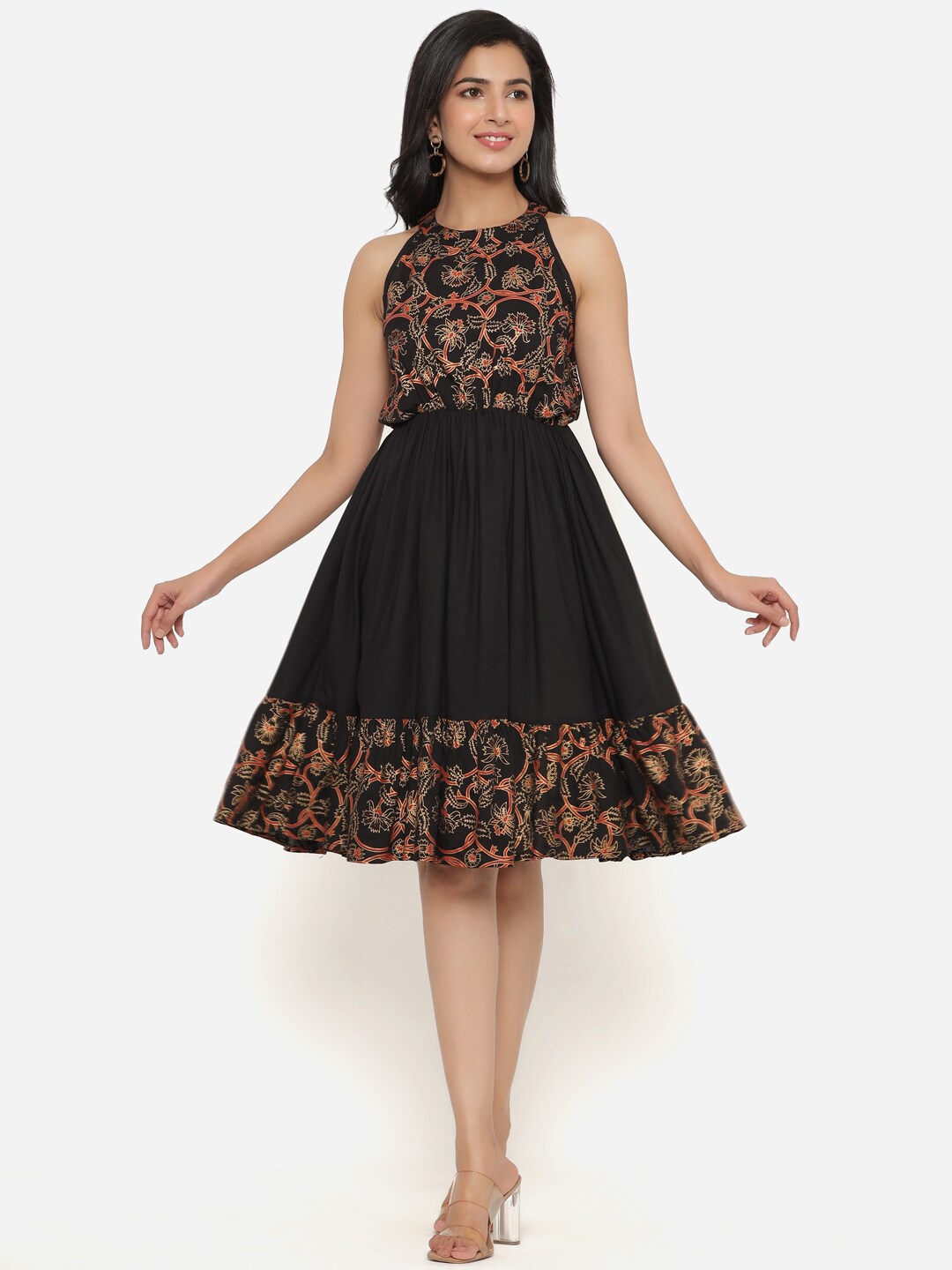 

PURSHOTTAM WALA Black & Orange Floral Halter Neck Dress