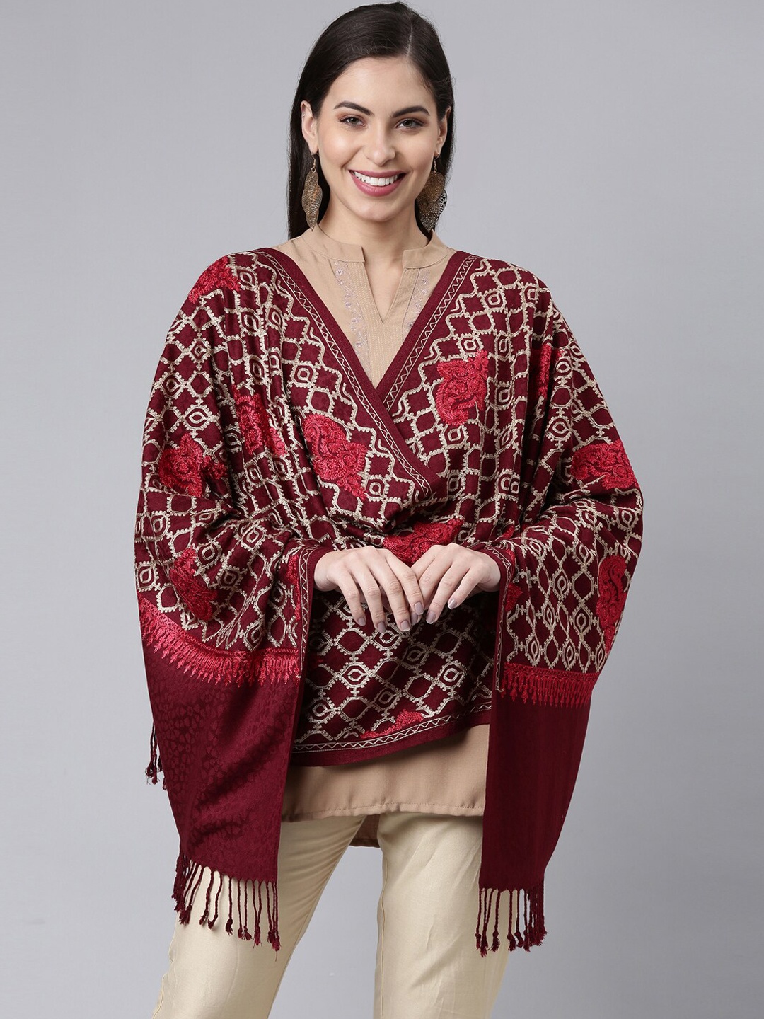 

Pashmoda Women Maroon Aari Embroidered Shawl