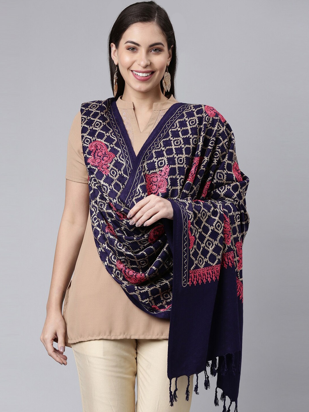 

Pashmoda Women Navy Blue Embroidered Aari Work Shawl