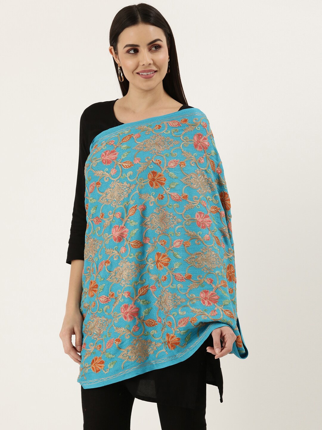 

Pashmoda Women Blue Embroidered Aari Work Shawl