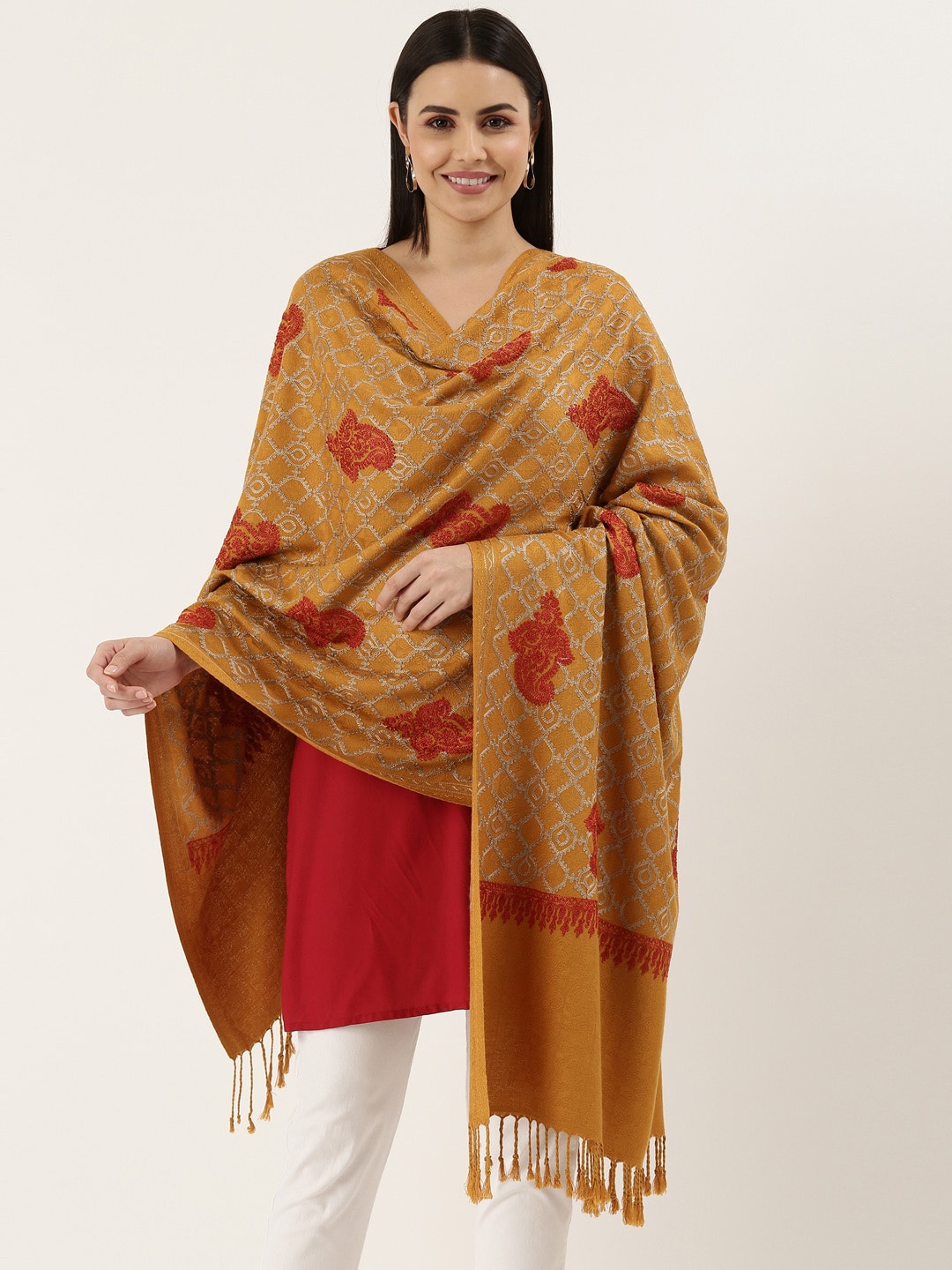 

Pashmoda Women Mustard-Yellow Embroidered Shawl