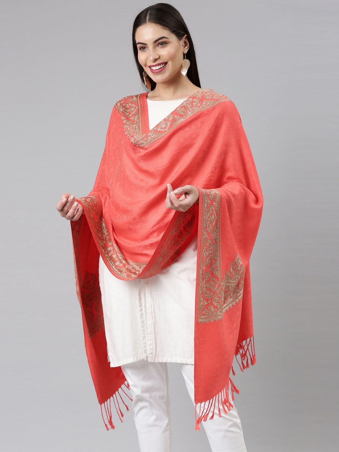 

Pashmoda Women Coral Embroidered Shawl