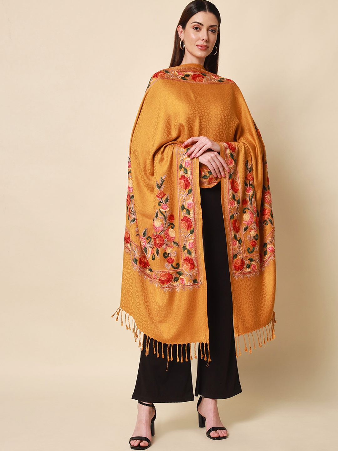 

Pashmoda Women Mustard Aari Embroidered Shawl
