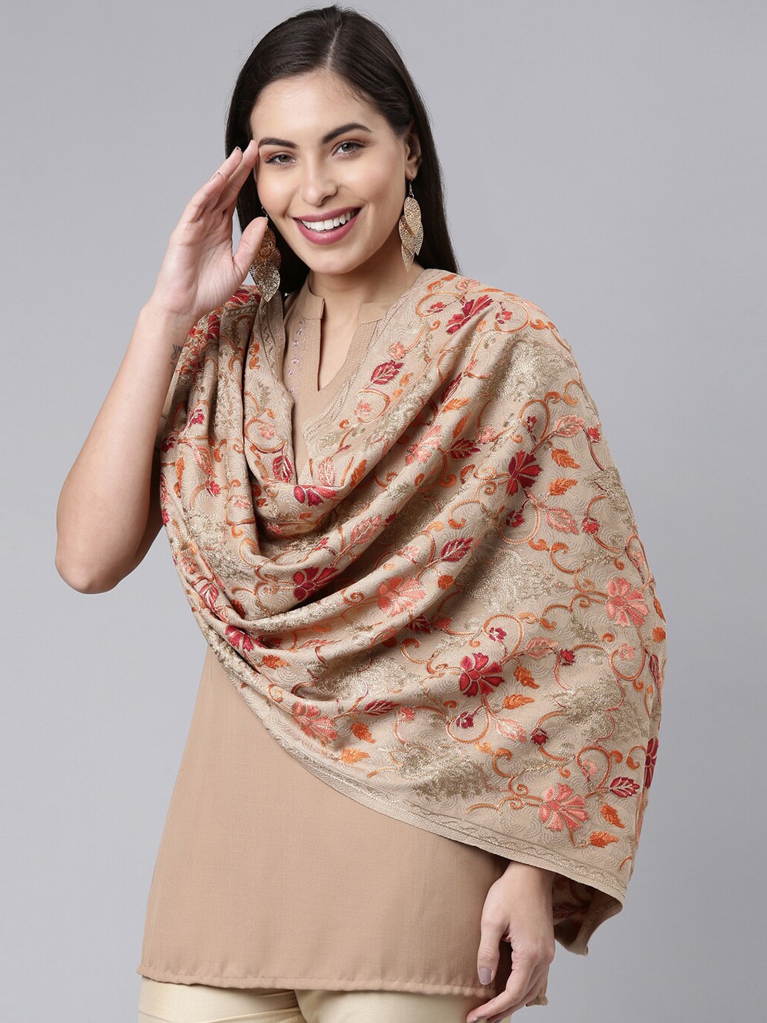 

Pashmoda Women Beige & Red Aari Embroidered Shawl