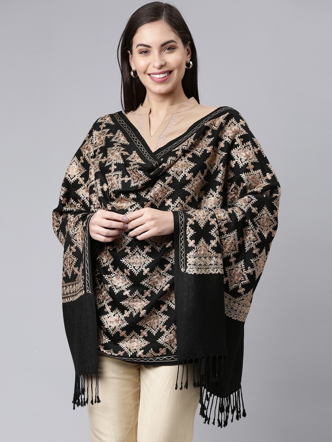 

Pashmoda Women Black Aari Embroidered Shawl