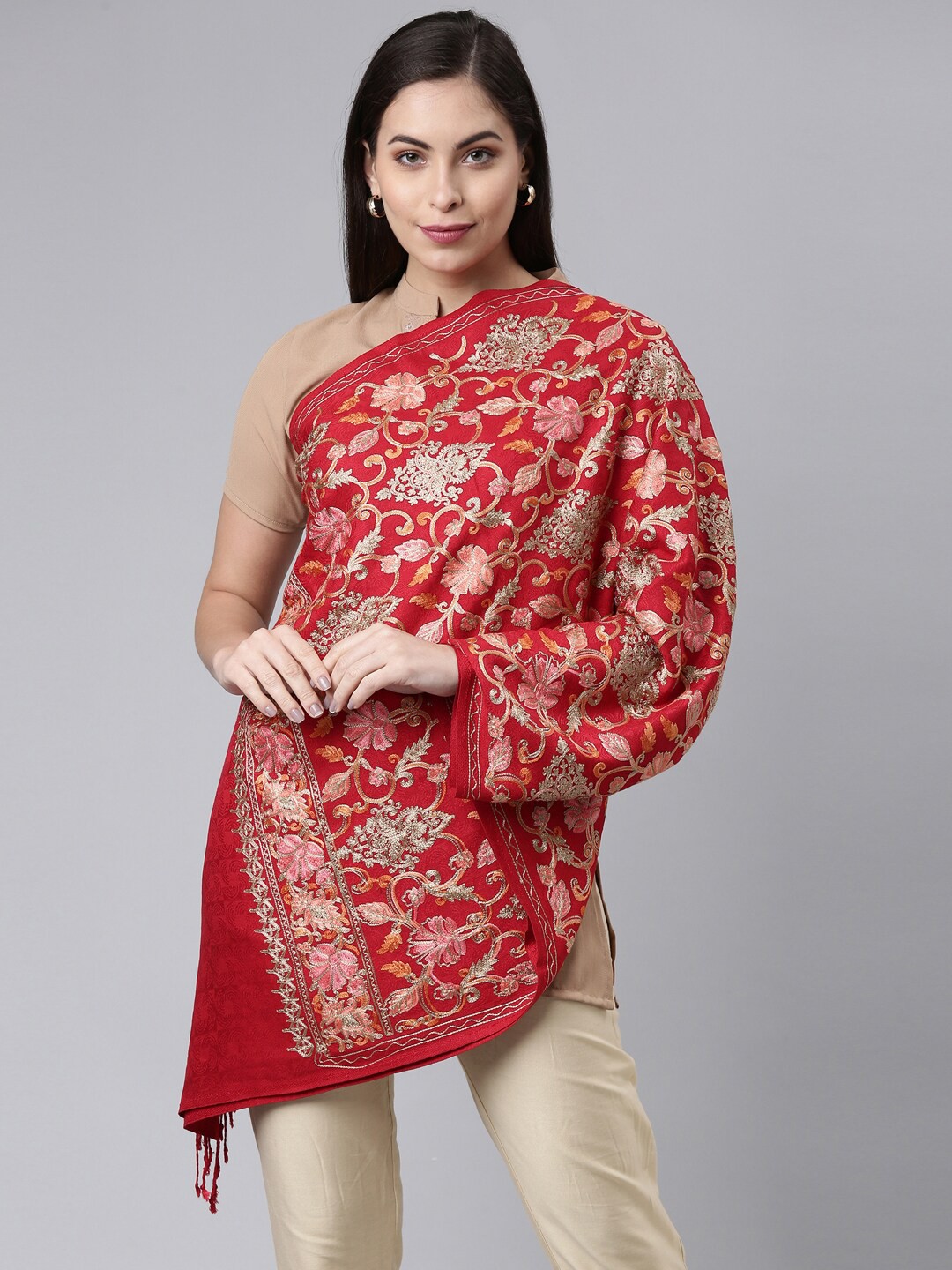 

Pashmoda Women Red Embroidered Shawl