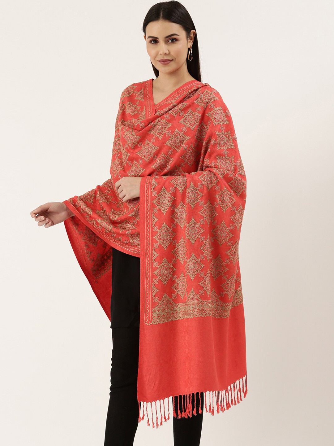 

Pashmoda Women Coral Pink Aari Embroidered Shawl