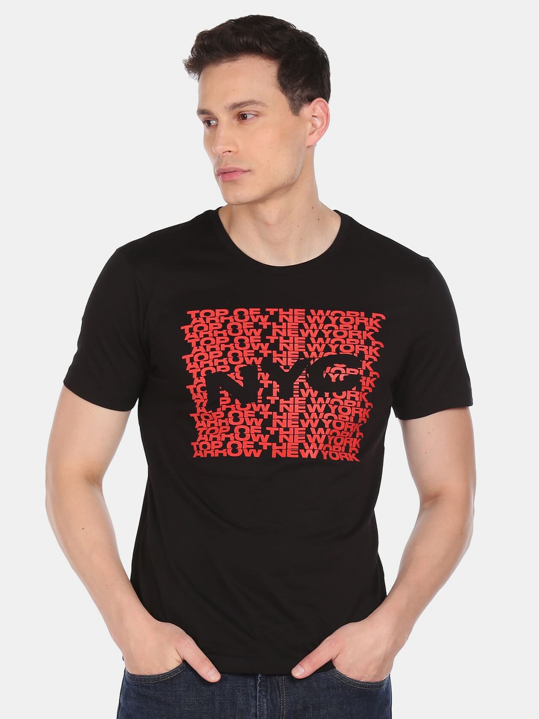 

Arrow New York Men Black & Red Typography Printed Cotton T-shirt
