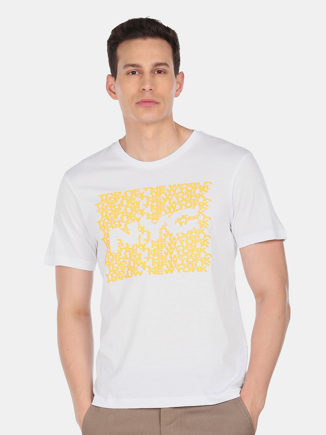 

Arrow New York Men White & Yellow Typography Printed Pure Cotton T-shirt