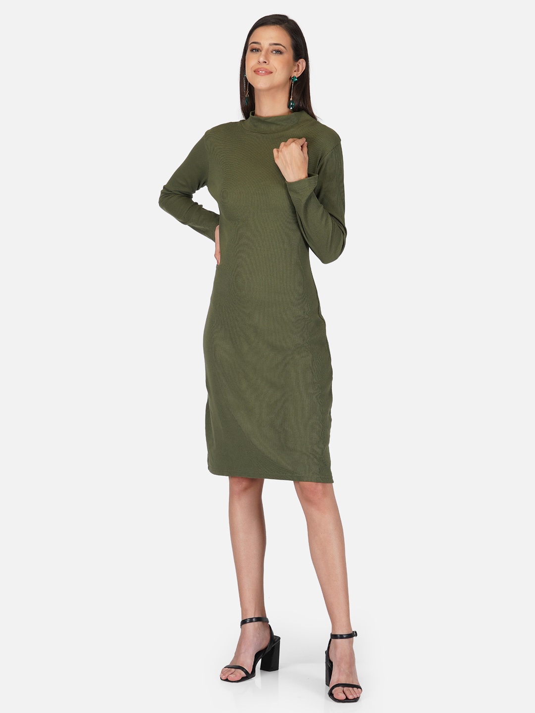 

Tinted Olive Green Sheath Ribbed Dress