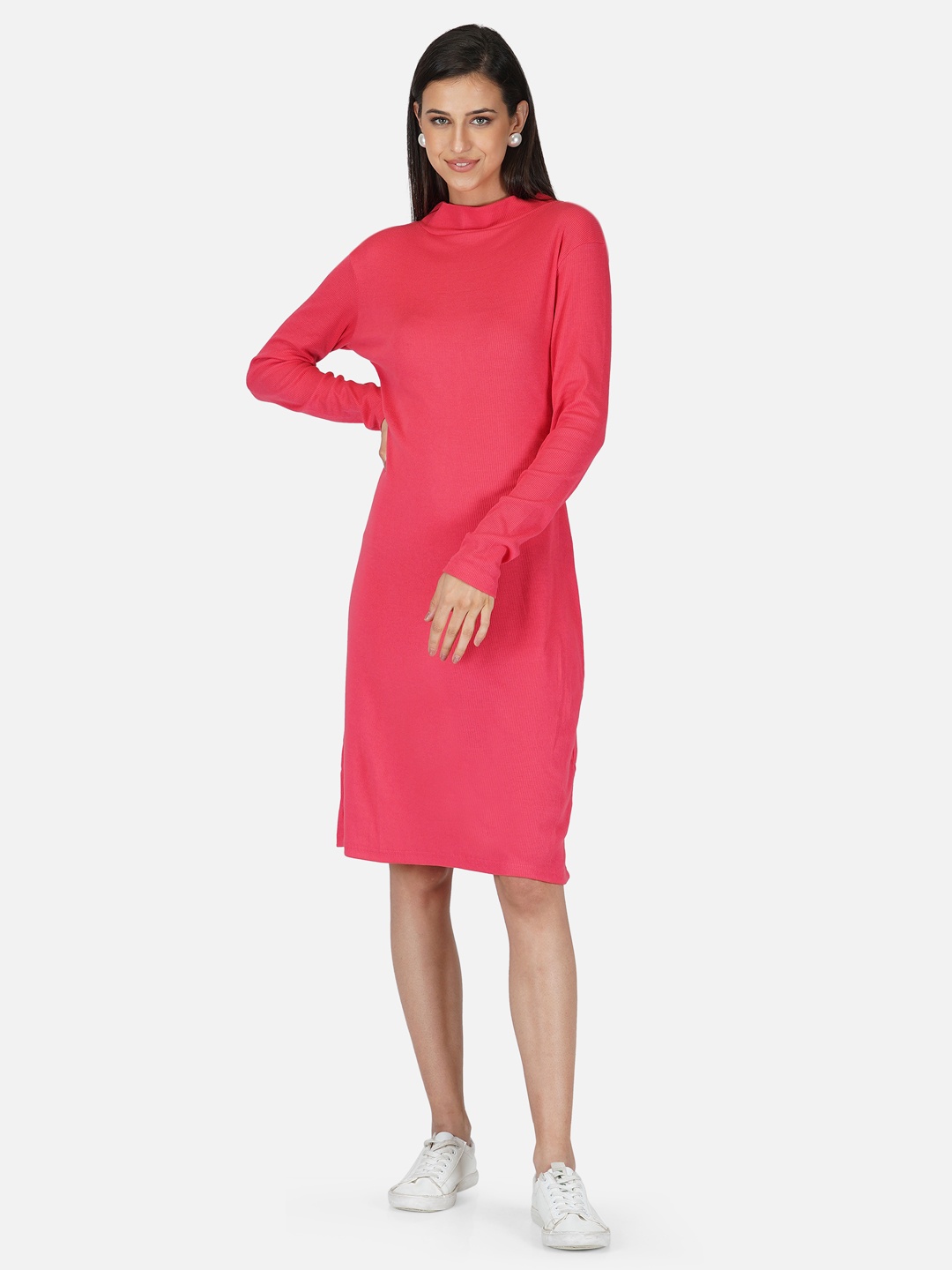 

Tinted Women Red Cotton High Neck Sheath Dress