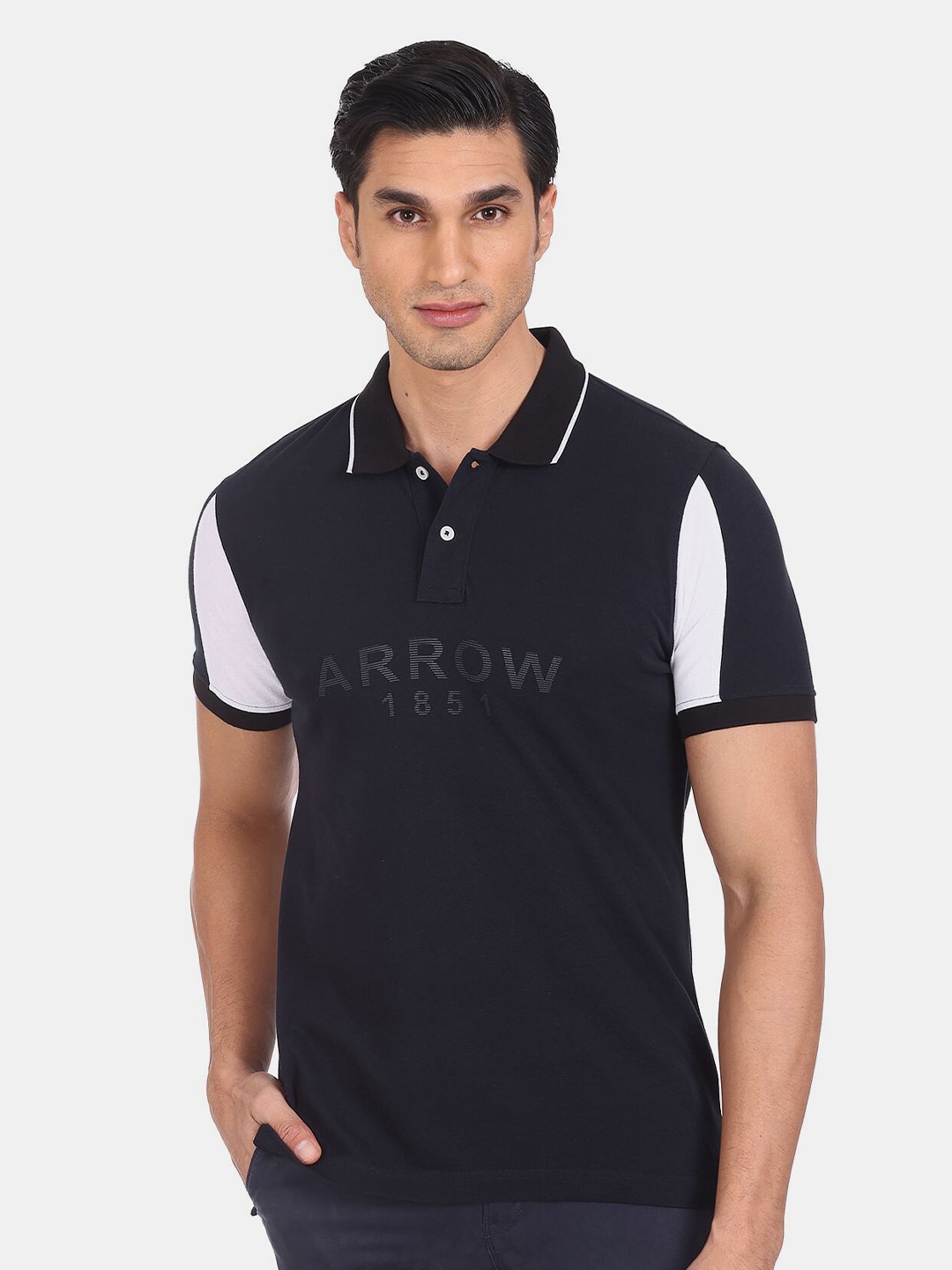 

Arrow Sport Men Blue & White Colourblocked Polo Collar Pure Cotton T-shirt