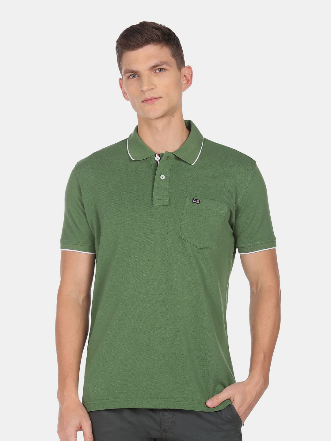 

Arrow Sport Men Green Cotton Polo Collar T-shirt