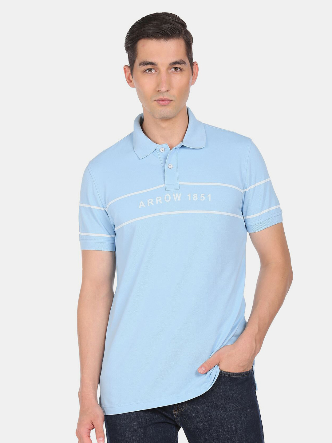 

Arrow Sport Men Blue & White Typography Printed Polo Collar T-shirt