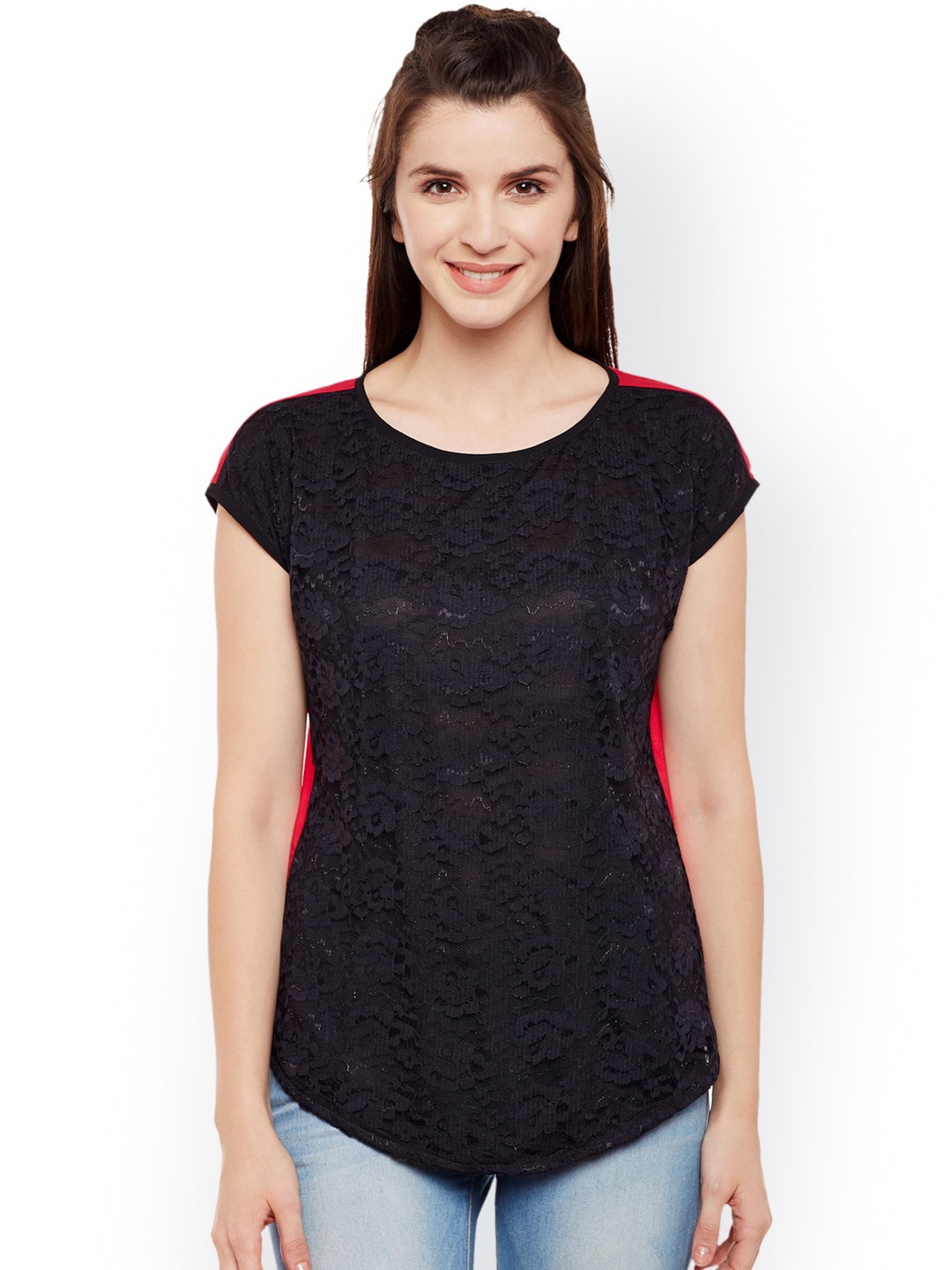 

WISSTLER Women Black & Pink Self Design Top