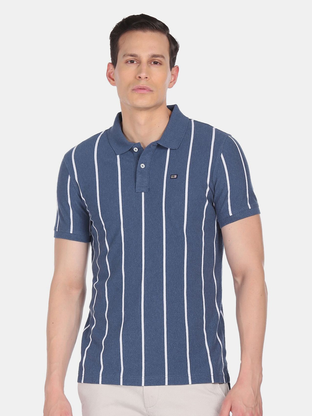 

Arrow Sport Men Blue Striped Polo Collar Cotton T-shirt