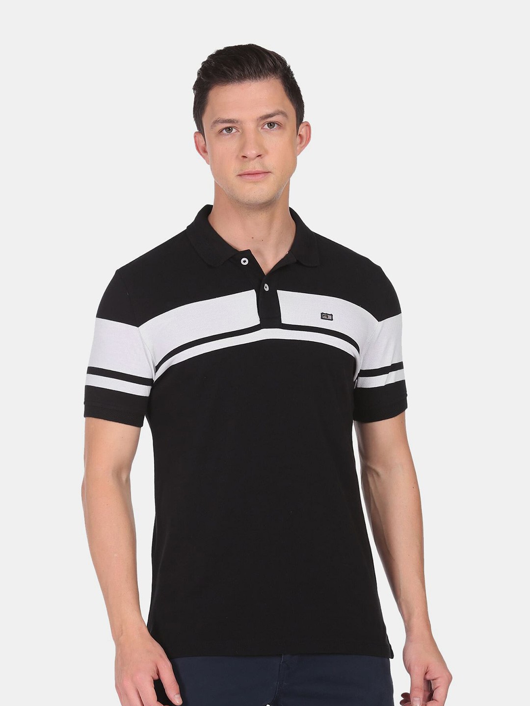

Arrow Sport Men Black Colourblocked Polo Collar Cotton T-shirt