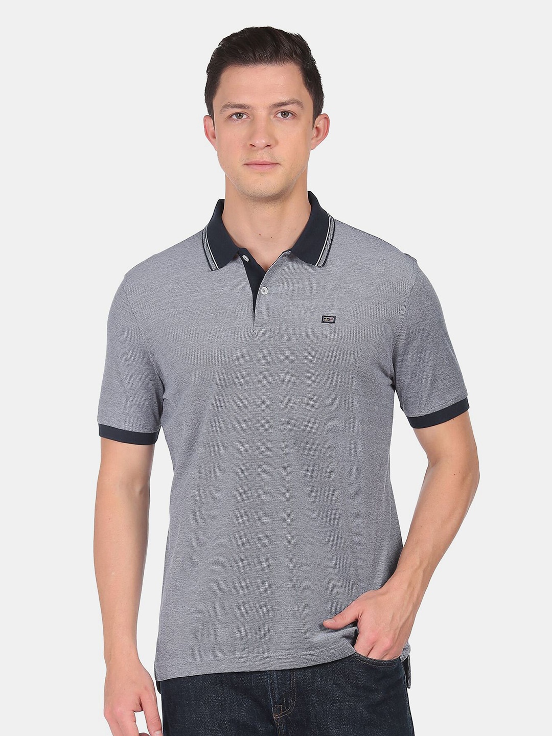 

Arrow Sport Men Navy Blue & Grey Polo Collar T-shirt