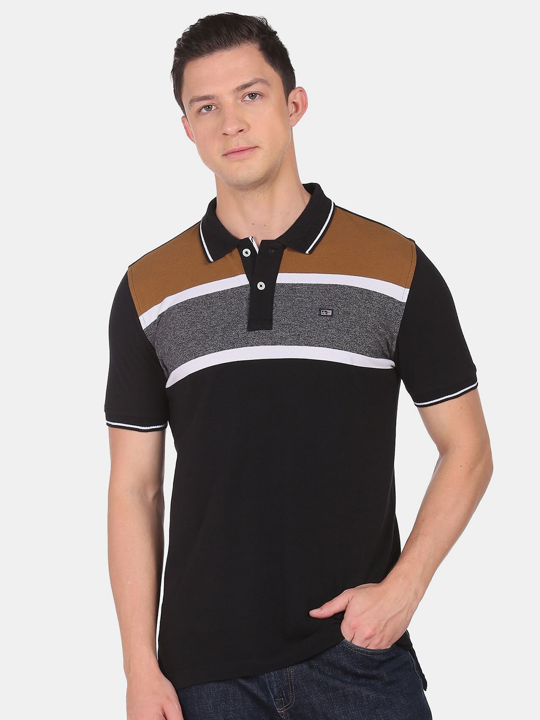 

Arrow Sport Men Black Colourblocked Polo Collar T-shirt