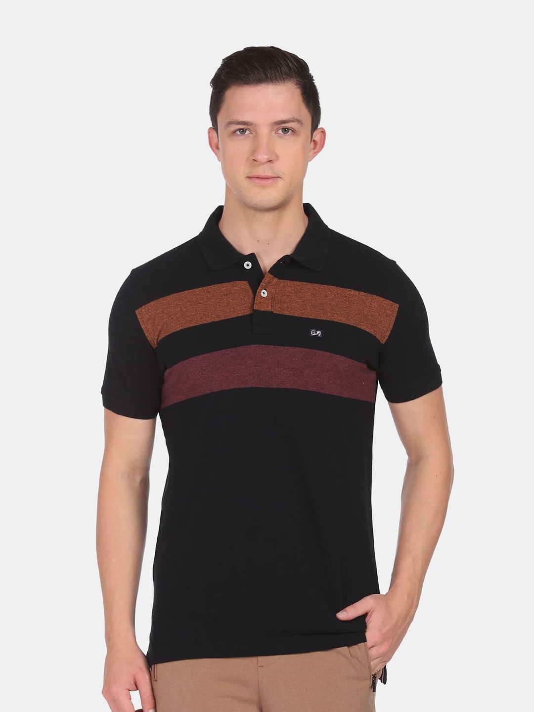 

Arrow Sport Men Black Colourblocked Polo Collar Applique T-shirt