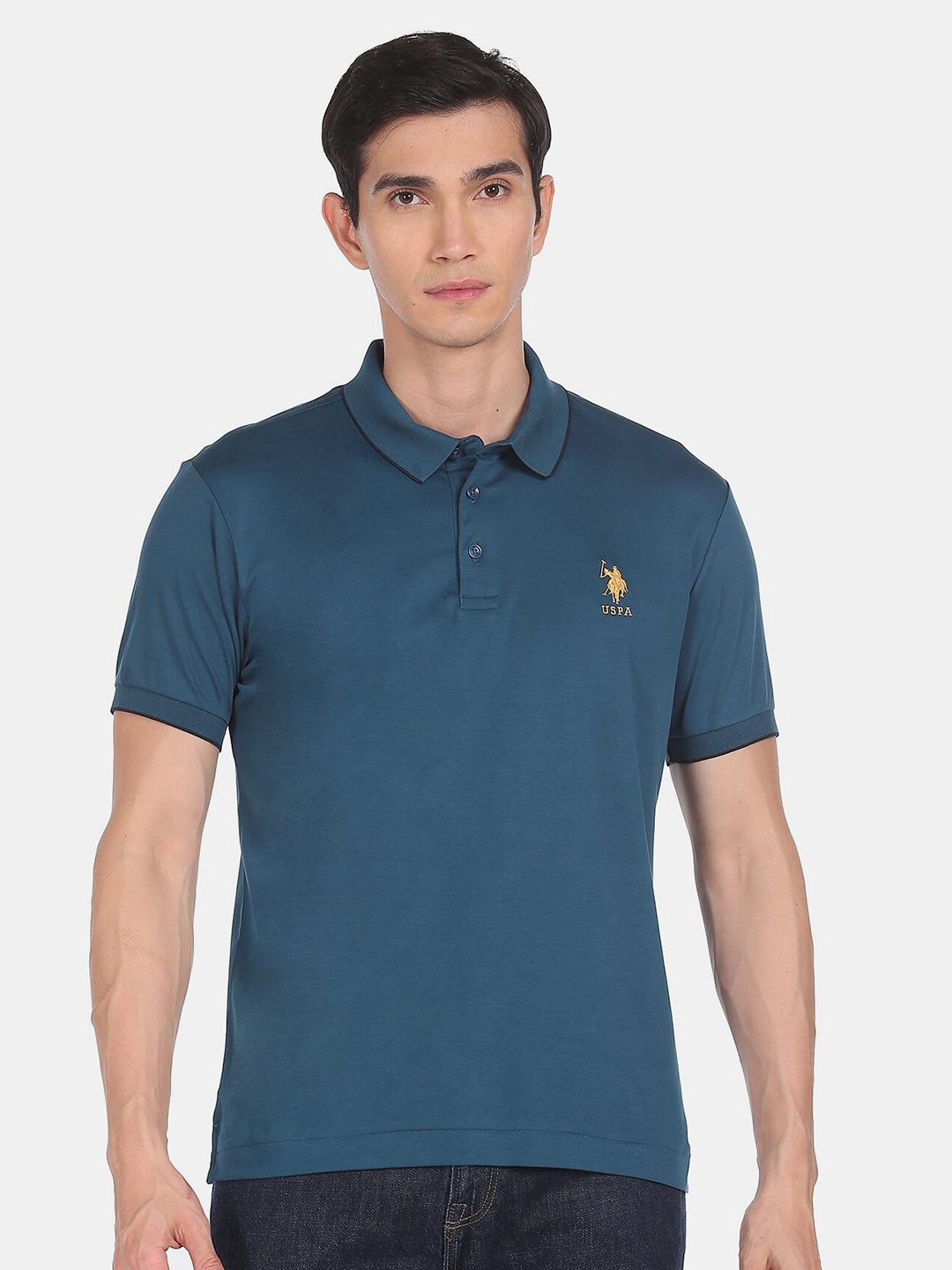 

U S Polo Assn Men Pure Cotton Blue Polo Collar Sjort Sleeves T-shirt