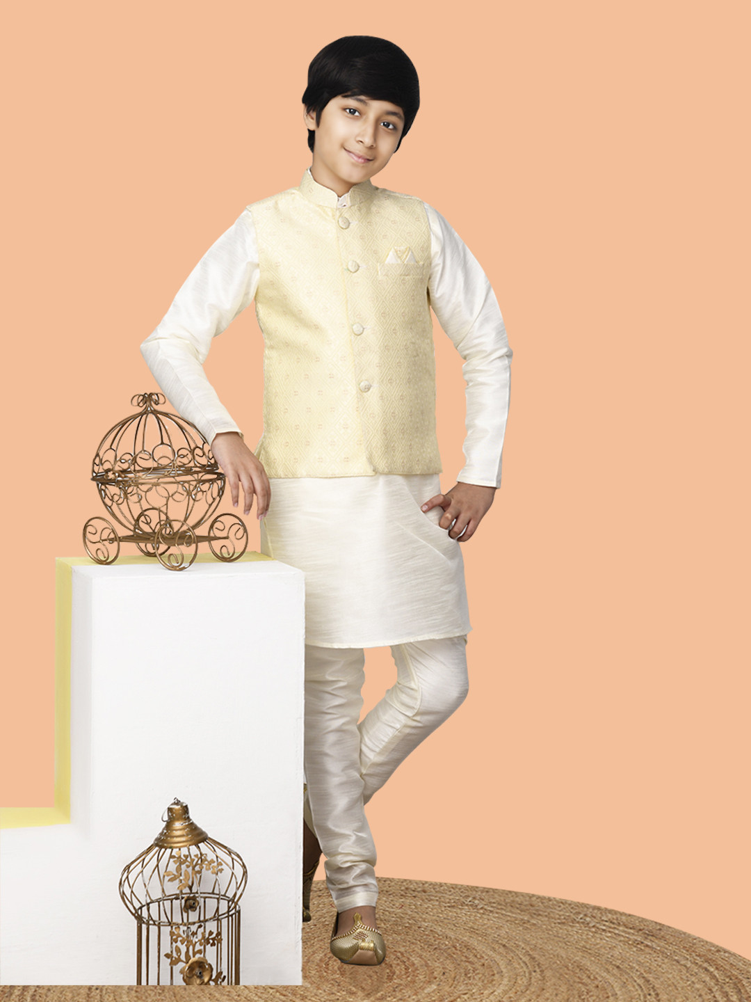 

LilPicks Boys Off White Embroidered Empire Dupion Silk Kurta with Pyjamas