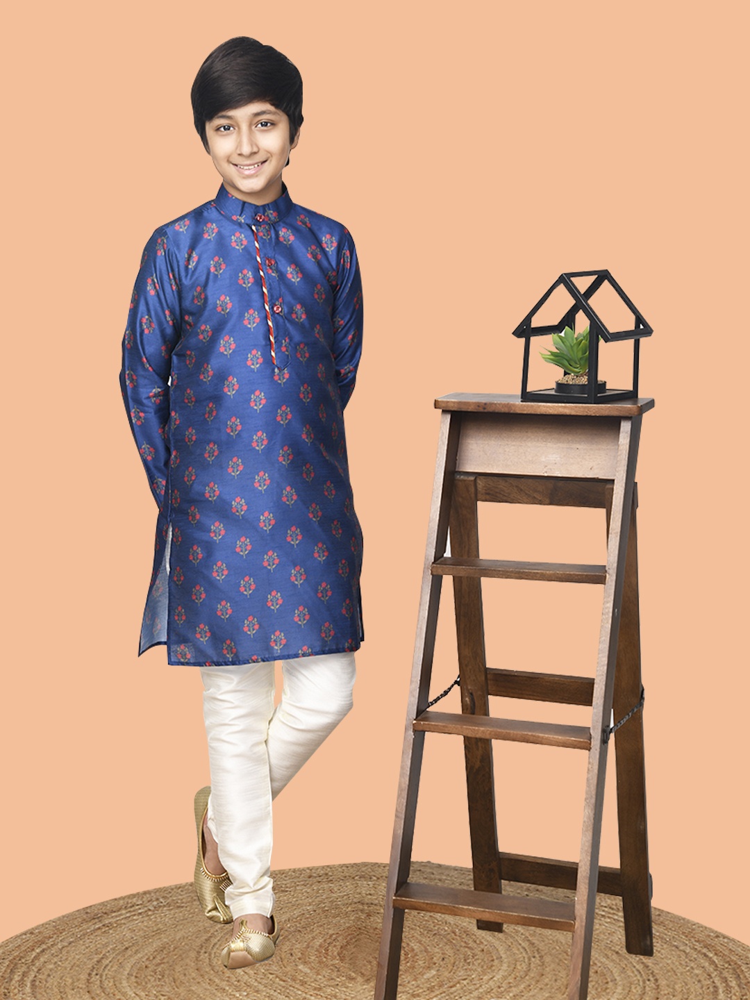 

LilPicks Boys Blue Floral Printed Dupion Silk Kurta with Churidar