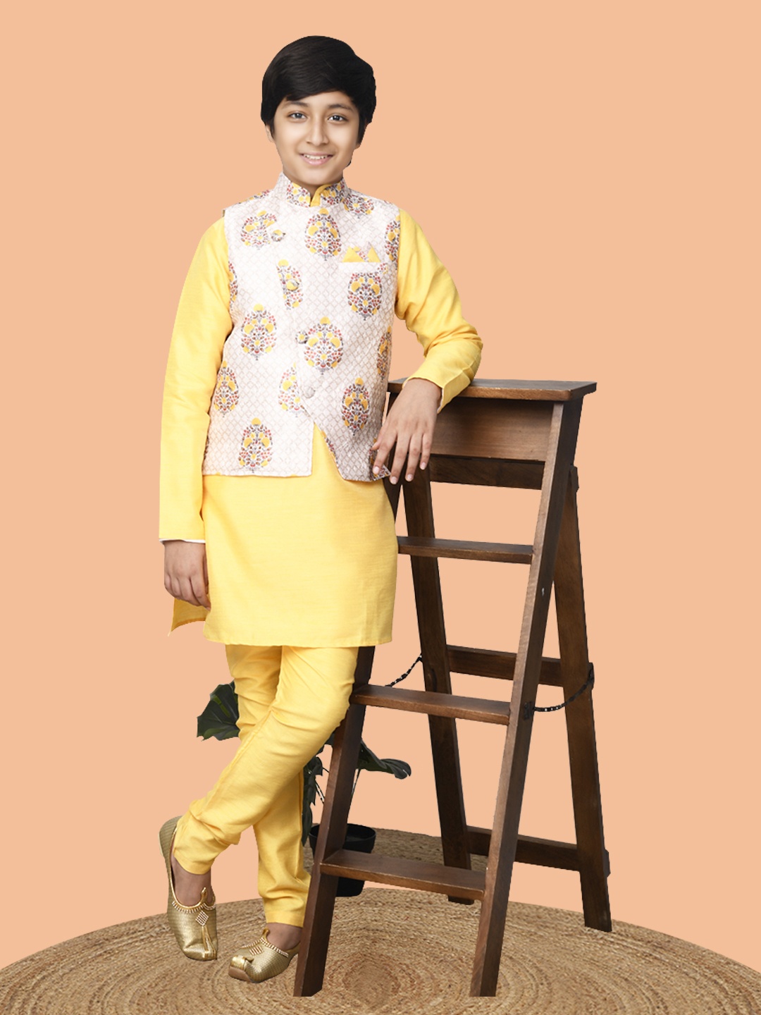 

LilPicks Boys Yellow & Beige Dupion Silk Kurta Churidar Set with Printed Nehru Jacket