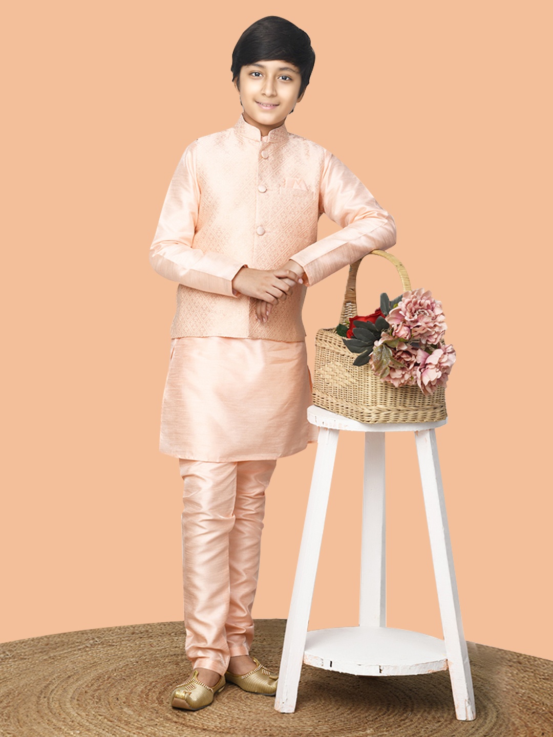 

LilPicks Boys Peach Embroidered Dupion Silk Kurta with Churidar & With Nehru Jacket