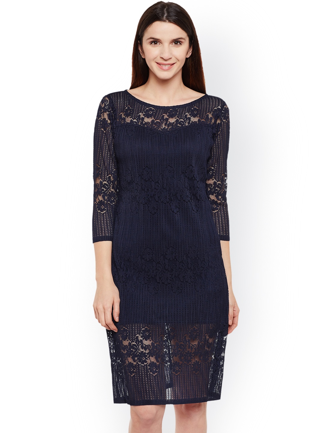 

WISSTLER Women Navy Self Design A-Line Dress, Navy blue