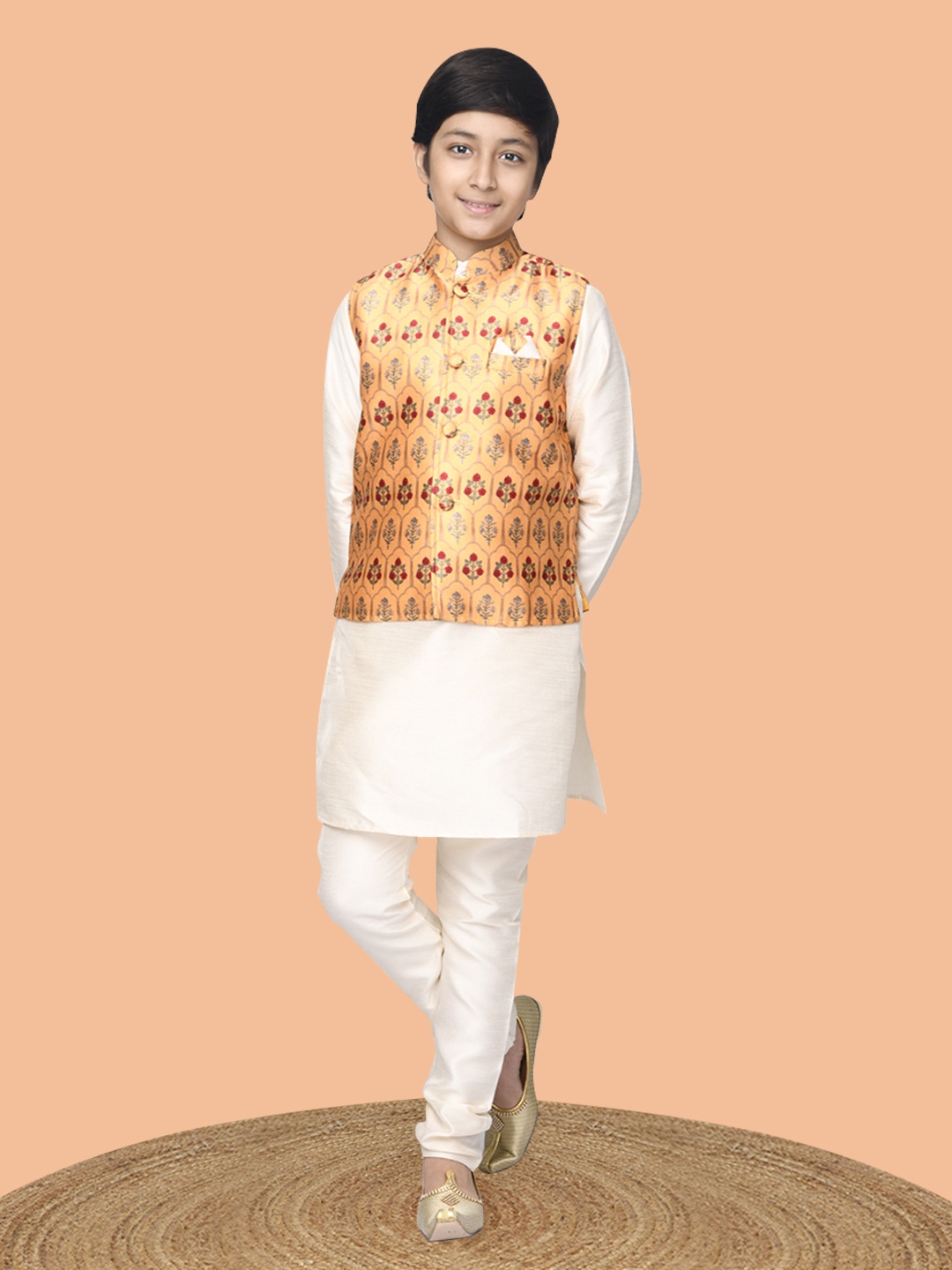 

LilPicks Boys White Ethnic Motifs Dupion Silk Kurta Pyjama Set with Printed Nehru Jacket