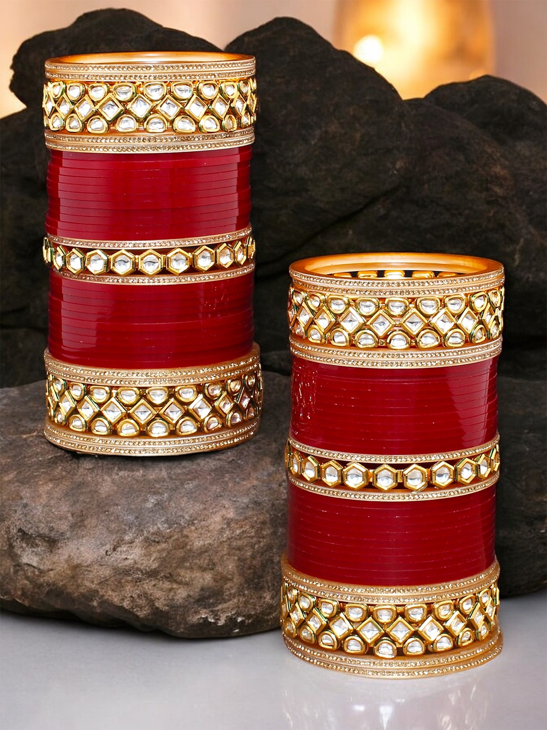 

LUCKY JEWELLERY Gold Toned Maroon Kundan Studded Bangle Set