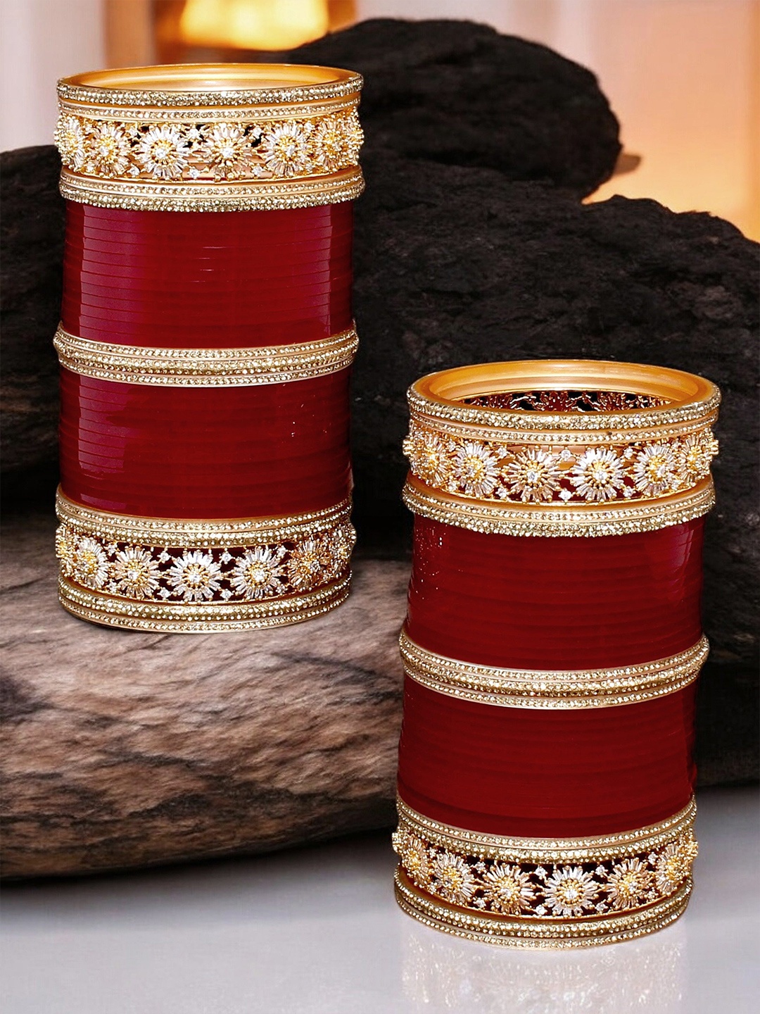 

LUCKY JEWELLERY Red Gold-Plated White Stone-Studded Bangle Set