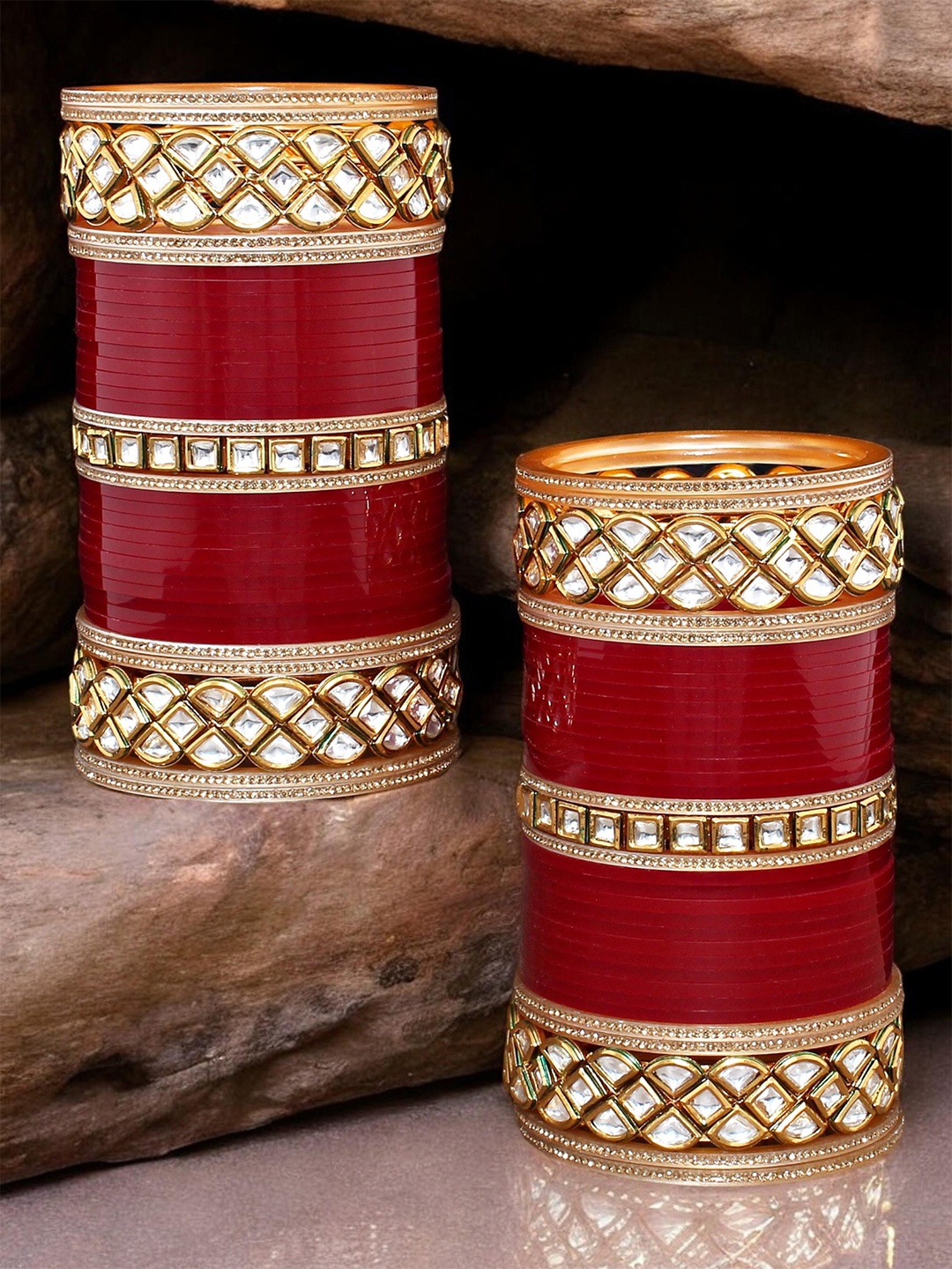 

LUCKY JEWELLERY Gold-Toned & Maroon Kundan-Studded Chuda Bangle Set